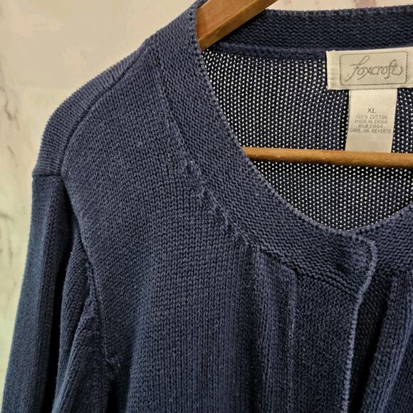 Foxcroft Sweater Womens XL Navy Cardigan Cotton Snap Button Up Crochet Sleeve - Picture 2 of 12